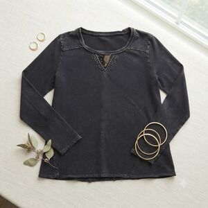 Spense Knits Top Womens Small Black Mineral Wash Beaded Boho Long Sleeve Shirt